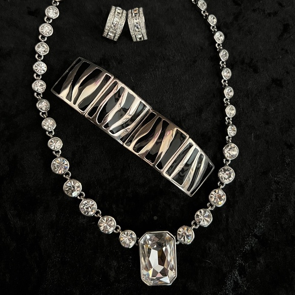 Curated Jewelry Set #30 - Necklace, Bracelet, Earrings *silver/black/rhinestones - Picture 1 of 8